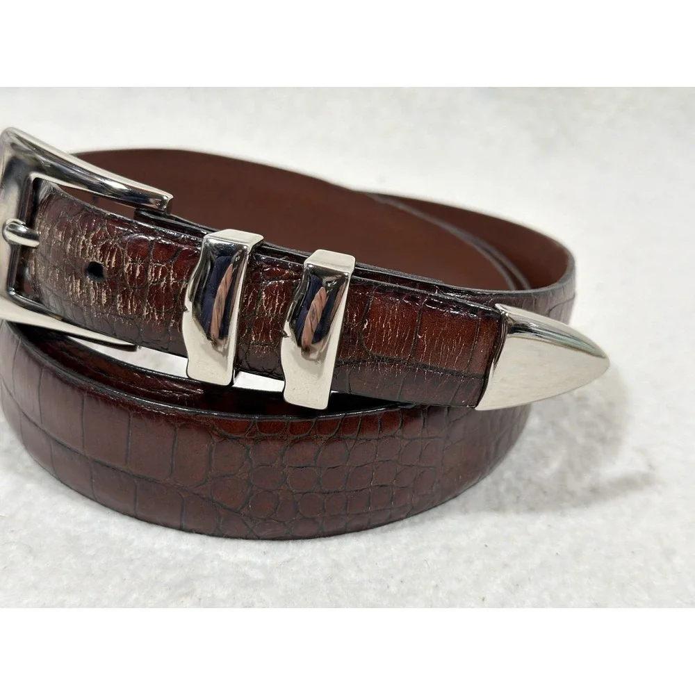 Torino Calfskin Croc Embossed Belt Brown Leather Dress Italian Quiet Luxury 46